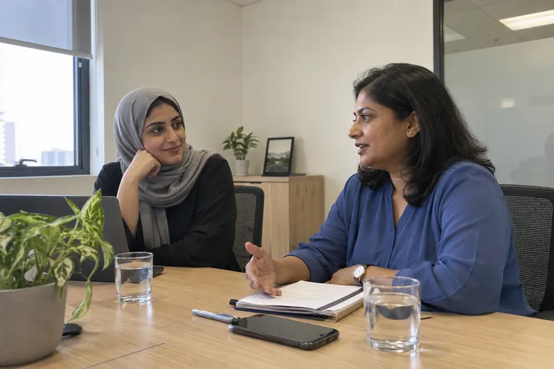 Two colleagues having an informal introductory conversation