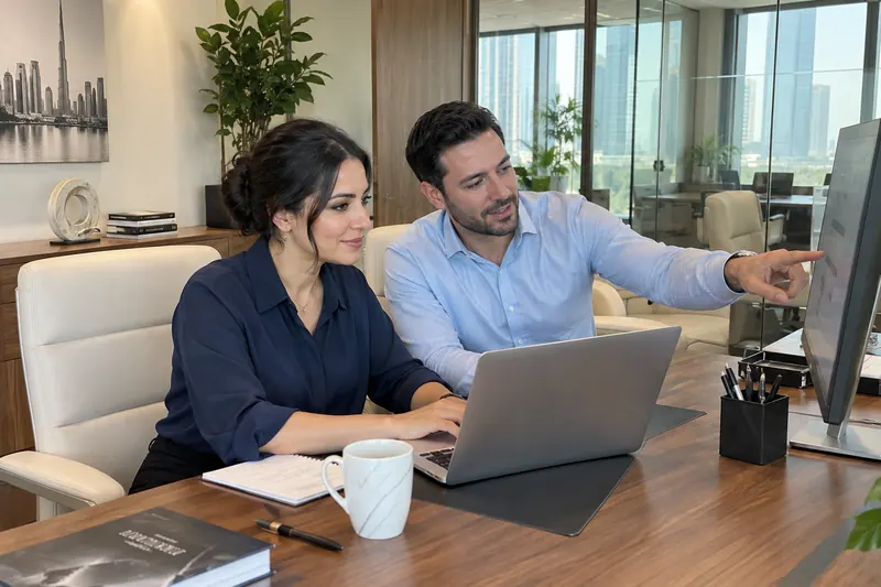 Two colleagues reviewing a project in a bright modern office